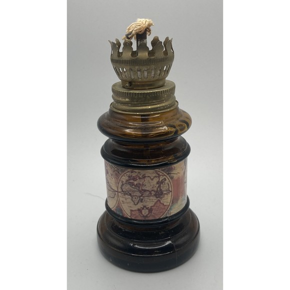 Mini Oil / Kerosene Amber Glass Lamp with Globe Graphics 5.25" Tall 2.75" @ Base - Picture 4 of 10